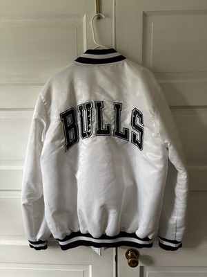 White Satin Chicago Bulls Black Label Starter Jacket with Patent Leather Accents