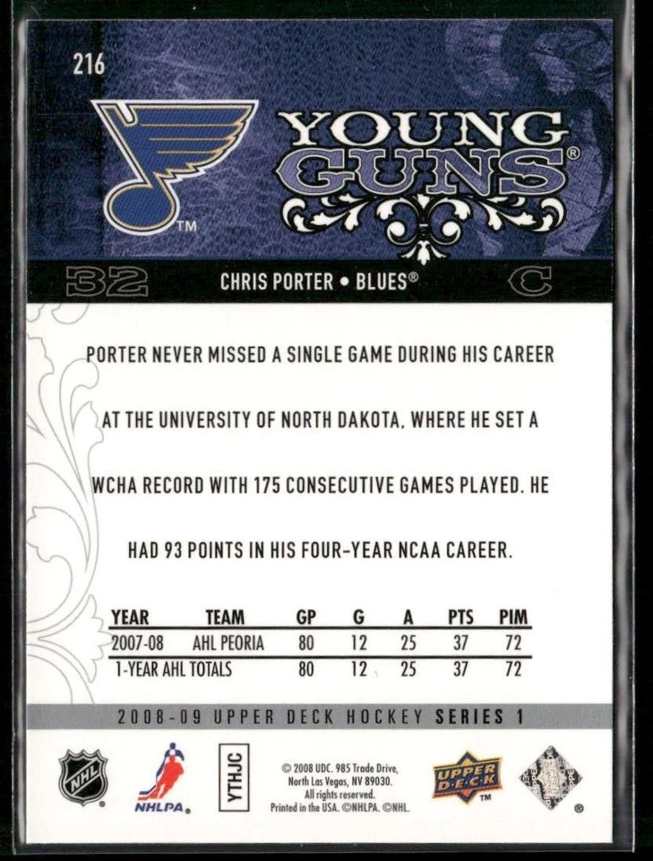 2008-09 Upper Deck Chris Porter Young Guns RC #216 St. Louis Blues - Image 2 of 2