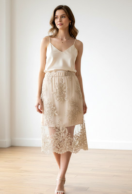 NEW Seek The Label S Skirt Lace Gold Beige Pencil Cocktail Party Coquette Fairy