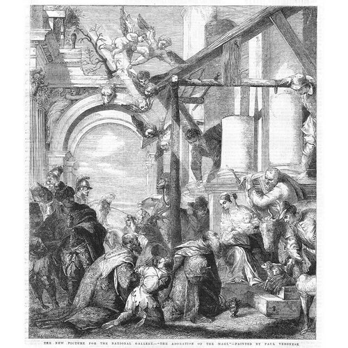 Adoration of the Magi - Three Kings Lay Gifts Before Jesus - Antique Print 1856