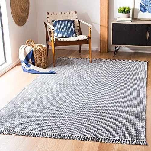  Montauk Collection Area Rug - 5' x 8', Ivory & Navy, Handmade Flat Weave Boho  - Image 2 of 4