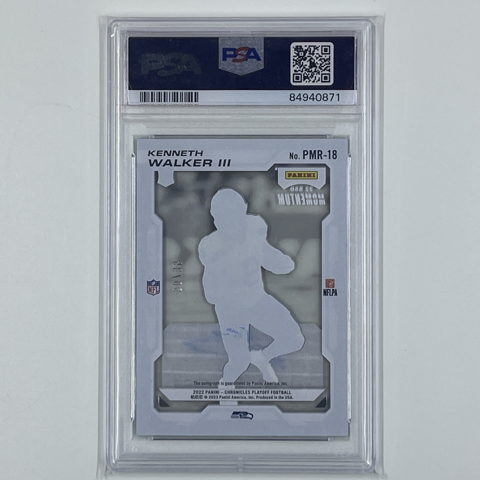 2022 Panini Chronicles - Kenneth Walker III #PMR-18 (RC, AU) /35 PSA Gem Mint 10 view 3