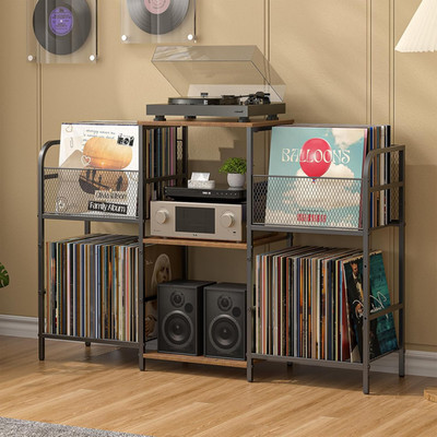 Record Player Stand with Vinyl Storage & LED Light for 350+ Albums