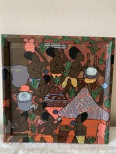 Vintage Zimbabwe Weya Folk Art Original Oil Wood Painting”Brewing Beer”Signed