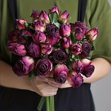 12/24pcs Rose Artificial Flowers Bouquet W/ Curled Petals For Wedding Home Decor