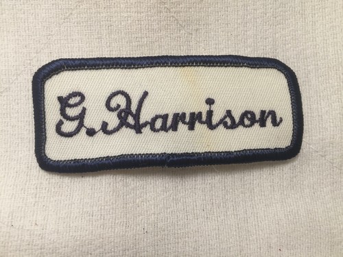 G. HARRISON  USED EMBROIDERED  SEW ON NAME PATCH TAG DARK BLUE ON WHITE