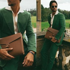 New Men's Solid Linen Suits 2 Pieces Slim Fit Business Wedding Wide Peak Lapel S