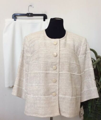 Neu mit Etikett Nipon Boutique Damen Ecru Multi Polyester 2-teiliger Rock Anzug Gr. 22 W/20 W, $ 280 - Bild 1 von 9