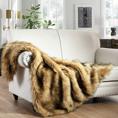 Luxury Plush Faux Fur Throw Blanket, Long Pile Golden Yellow with Black Tipped B