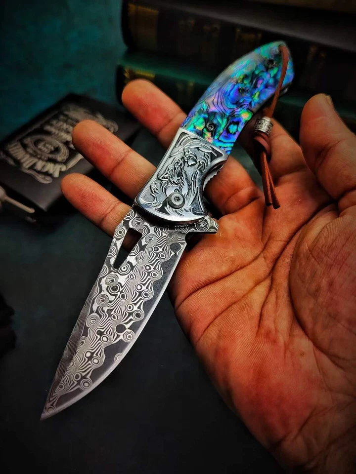 8'' New Fast Opening Shell Handle VG10 Damascus Blade Pocket Folding Knife VTF45 - image 2 of 4