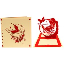 CARTE NAISSANCE FAIRE-PART POP-UP 3D 180° LANDAU 145x145mm ROUGE/ECRU+ENVELOPPE