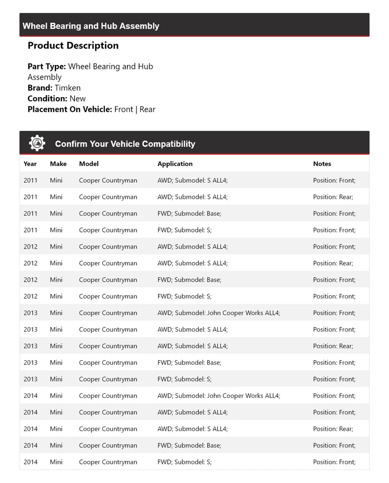 Conjunto de cojinete de rueda y buje Timken 2012 para Mini Cooper Countryman 2011-2014 Foto 2 de 4