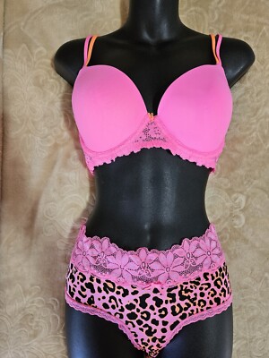No Boundaries Set Of Bra 38C And 3 Panties Sizes L, L, M Leopard Pink Lingerie