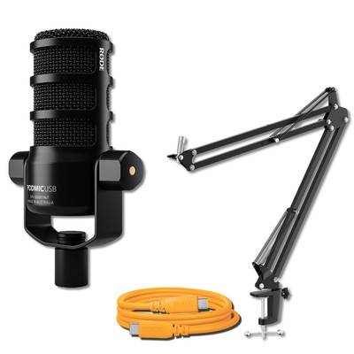 Rode PodMic USB Black Microphone with SC27 Orange USB-C Cable and Boom Arm