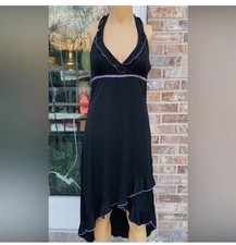 Vintage 90s/Y2K Black Ruffle Asymmetrical Halter Dress With Purple Trim