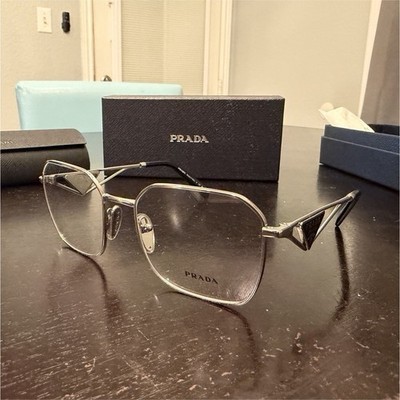 PRADA VPR A51 Geometric Silver Metal Full Rim Eyeglass Frames with Case & Box