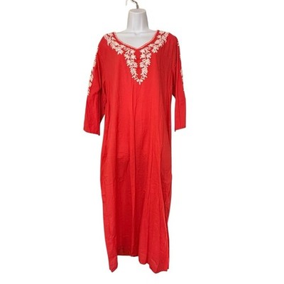 La Cera Maxi Dress Embroidered Coral 100% Cotton Pockets Lounger House Dress L