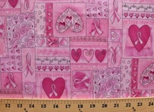 Cotton Breast Cancer Ribbon Hearts Pink Cotton Fabric Print by the Yard D763.44