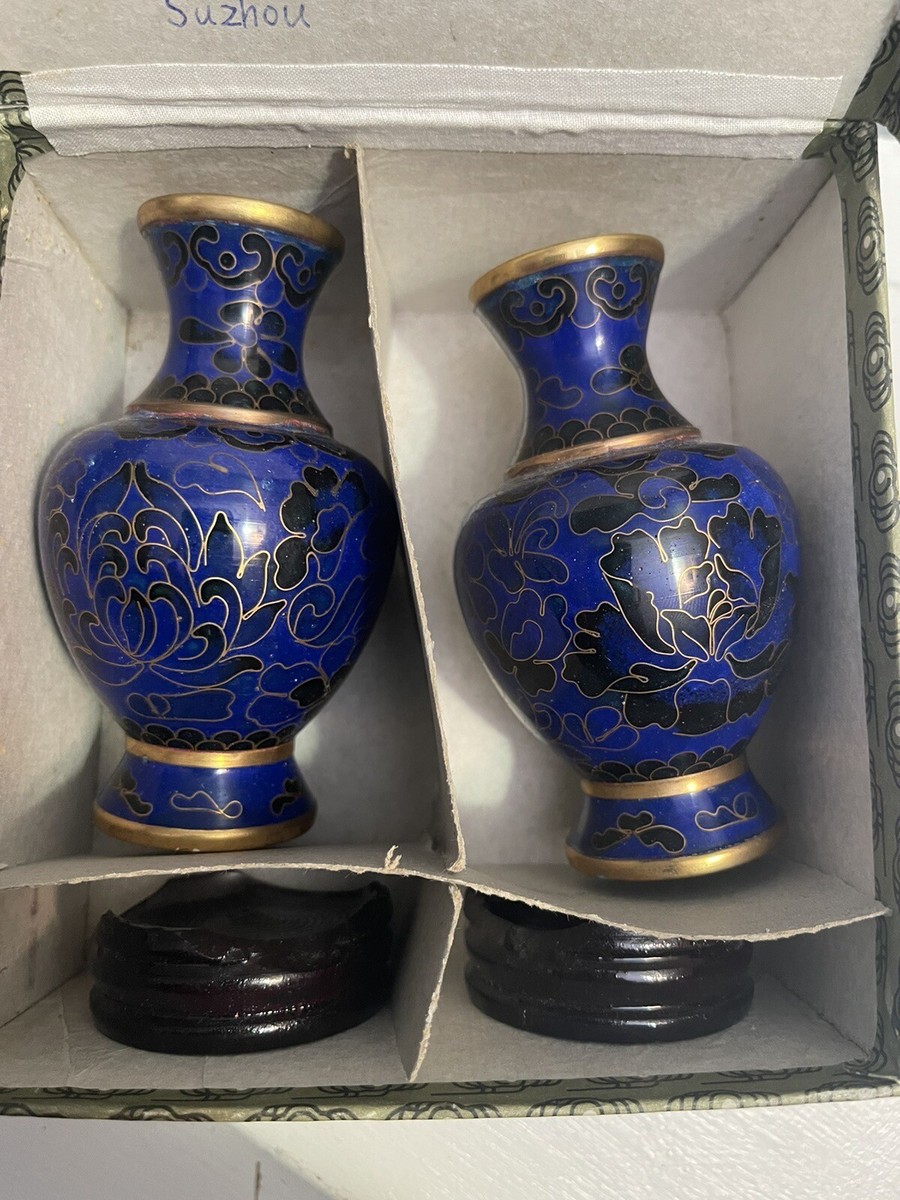 2 Cloisonné Vase Blues & Brass Interior Brass Zi Jin Cheng 5inches