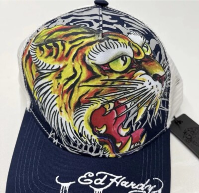 Ed Hardy Tiger Tattoo Blue White Mesh Trucker Hat Adjustable Snapback Unisex NWT