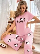 Love Heart Print Pyjama Set Short Sleeve Round Neck Long Elasticated Bottoms