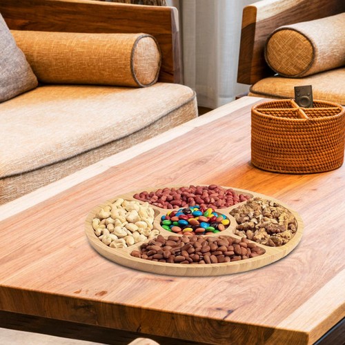 1PCS * Round Divided Serving Tray Wooden Plate Fruit Tray Tea Food Dishes - Picture 4 of 5
