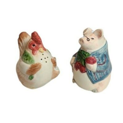 Fitz Floyd Chicken Hen Pig Bacon Eggs Salt Pepper Shaker Set Figurines 1987