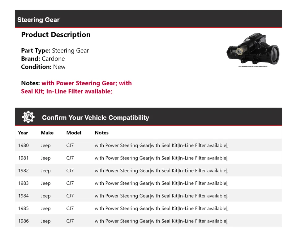Engranaje de dirección Cardone para Jeep CJ7 1980-1986 1981 1982 1983 1984 1985 Foto 2 de 4