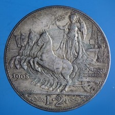VITTORIO EMANUELE III 2 LIRE 1908 QUADRIGA VELOCE SILVER COIN ARGENTO qSPL