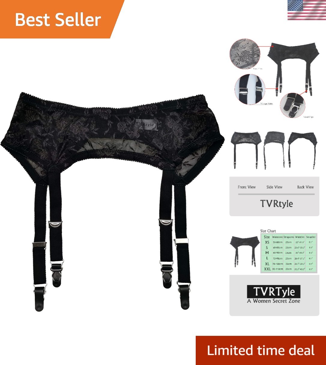 Timeless Vintage Black Garter Belt with Metal Clips for Stunning