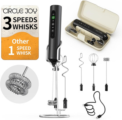 CIRCLE JOY Rechargeable Handheld Milk Frother Wand with Stand, 3 Variable Speeds