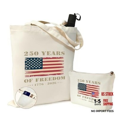 2 Pack Canvas Tote & Makeup Bag, 250th Anniversary USA, Reusable Grocery Flag a