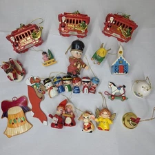 Vtg Christmas Ornament Assortment Lot Of 23 Wood Plastic Bells Santa Cable Car