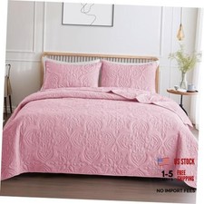 Queen Quilt Bedding Set Vintage Damask Reversible Bedspread Queen 96"x90" Pink