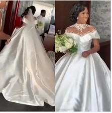 Vintage High Neckline Satin Mariage Ballgown Wedding Dresses Sweep Train