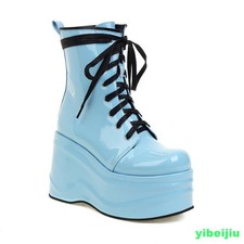 Cosplay Womens Platform Ankle Short Boots Lace Up High Heels Shoes Shiny Leather
