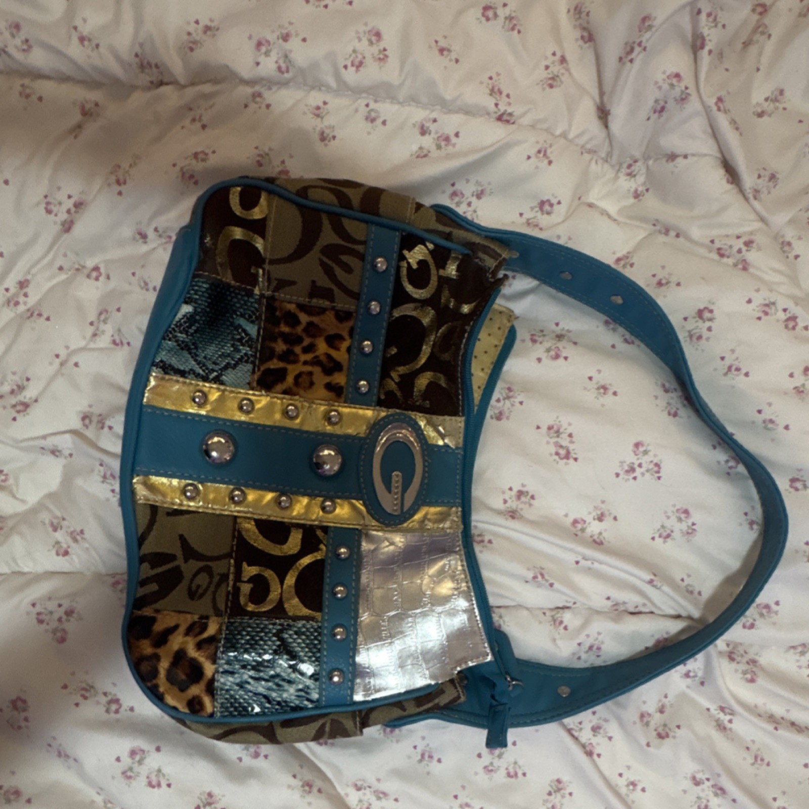 Blue Brown Leopard Print Shoulder Bag, Zip Top, Studded Metallic, Inner Pockets