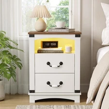Maupvit Farmhouse Night Stand with Charger Station & Ceramic 1 Piece, White 
