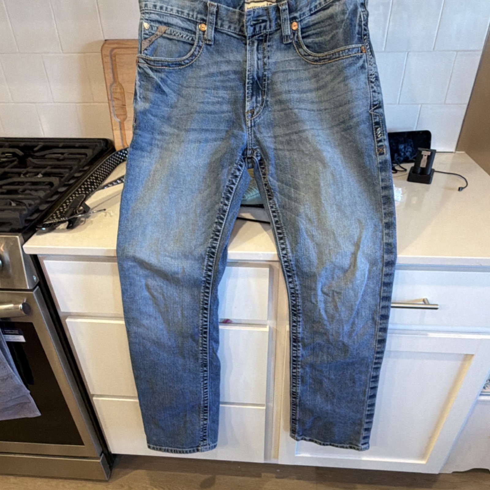 Ariat Straight Jeans Blue Denim Cotton Logo Button Zip Solid