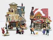 Enchanted Forest 6 Pc Porcelain Lighted Set Inn and Christmas Shop w/ Figurines