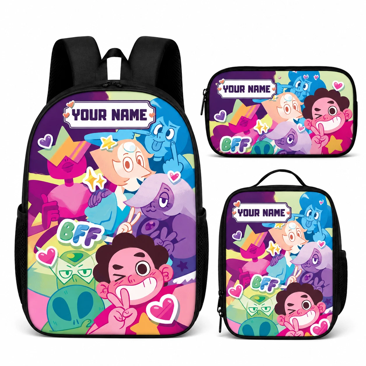 Personalized Cute Cartoon Crystal Gem Friends Backpack Lunch Bag Pencil Case Set