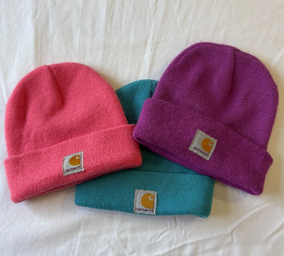Lot of 3 Carhartt Kids Youth Knit Cuffed Beanie Hats Pink Teal Purple Watch Cap
