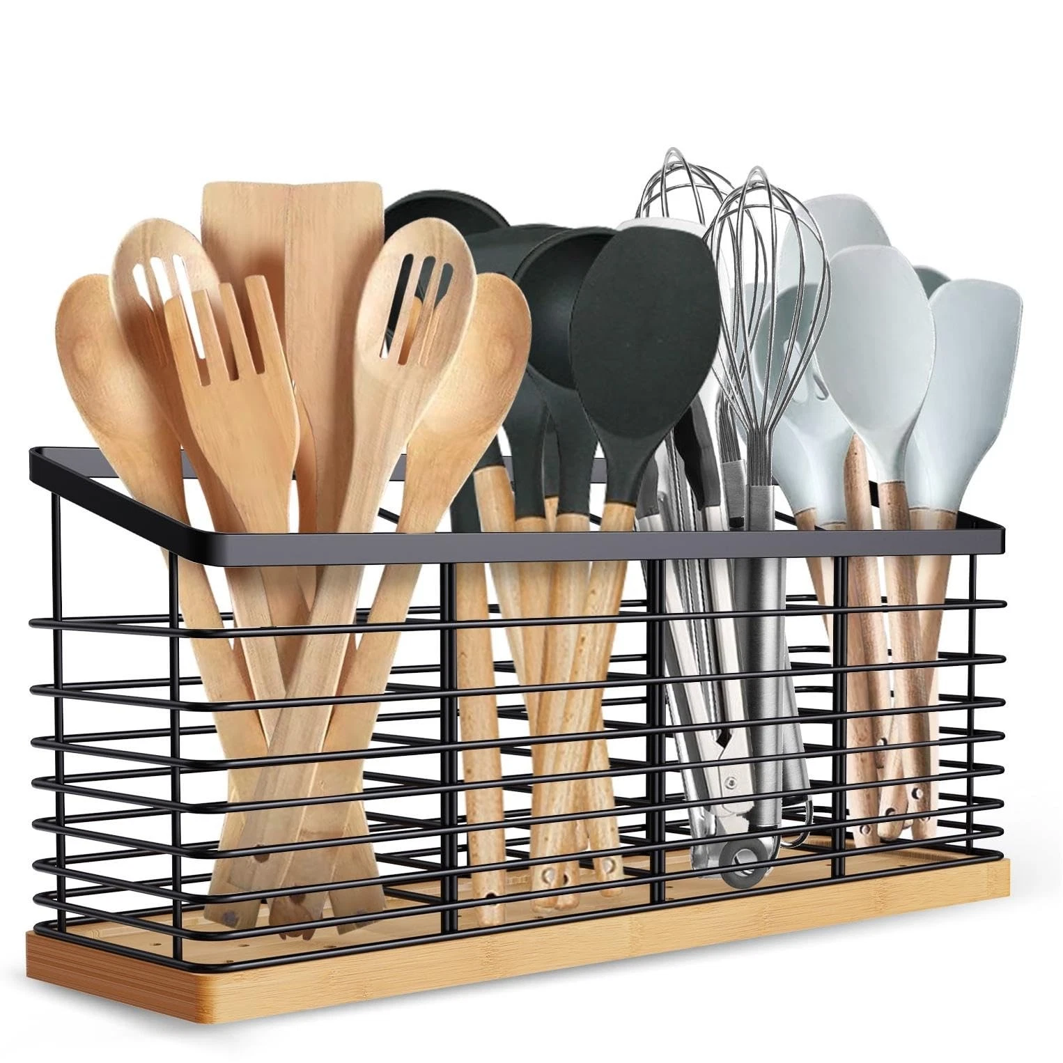 Extra Large Kitchen Utensil Holder with 4 Compartments, Matte Black Metal hol...