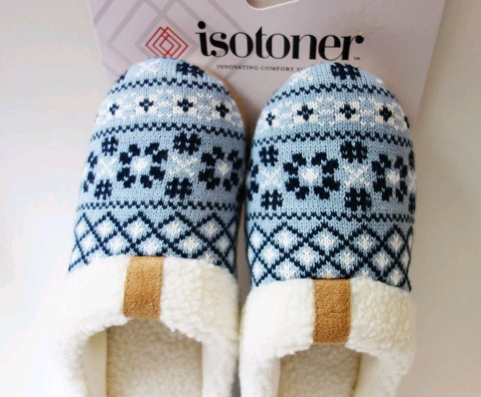 Isotoner женщин памяти пены трикотажа искусственного меха тапочки синий и белый (L-8,5-9) новый - Изображение 4 из 4