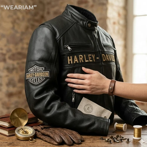 Harley Men's Black Biker Jacket - Real Cowhide Leather Motorcycle Jacket image 2