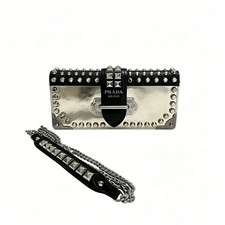 100% AUTH Prada Cahier Golden Metallic Leather Studded Crossbody Bag Chain Black