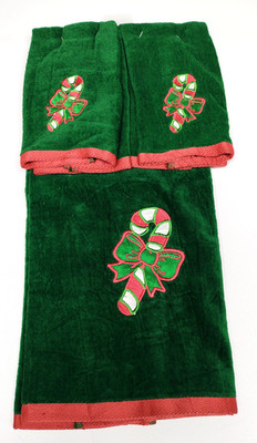 NWT 2007 Vtg NEW Kmart 3 PC Bath Towels Green with Candy Canes & Red Trim