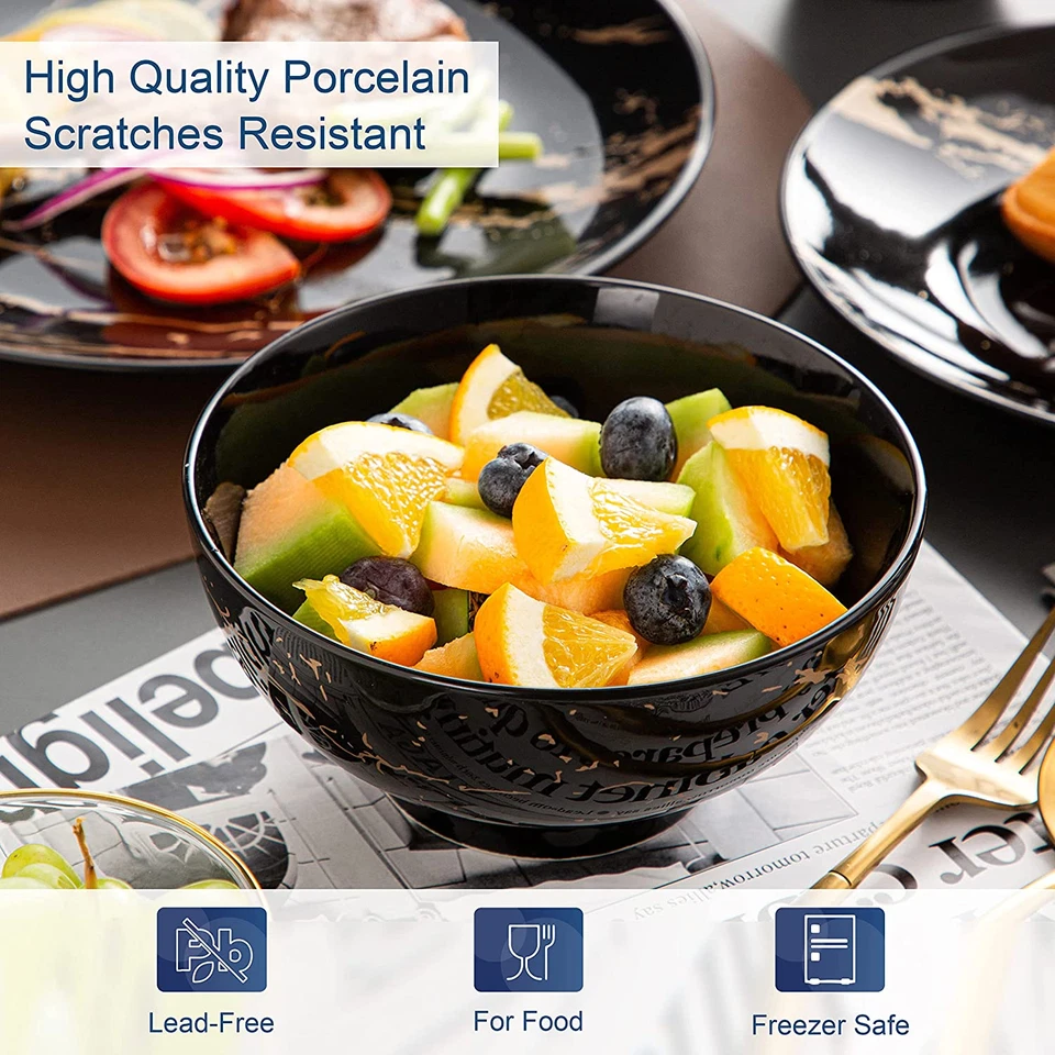 Juegos de platos y cuencos negros para 4, juegos de vajilla de porcelana 16 piezas salpicaduras doradas Foto 4 de 4