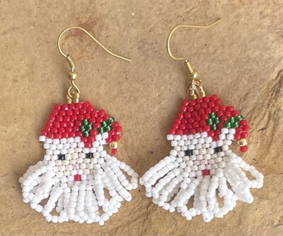 Father Christmas Santa Claus Face Seed Bead Beaded Earrings