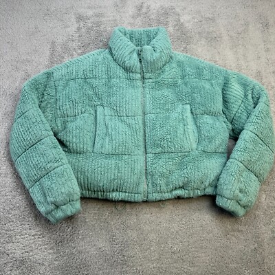 Urban Outfitters Jacket Womens Small Fluffy Corduroy Fleece Puffer Teal  Boxy